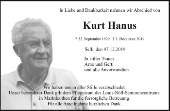 Traueranzeige von Kurt Hanus von Frankenpost