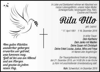 Traueranzeige von Rita Otto von Südthüringer Presse