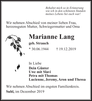 Traueranzeige von Marianne Lang von Südthüringer Presse
