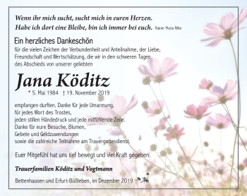 Traueranzeige von Jana Köditz von Südthüringer Presse