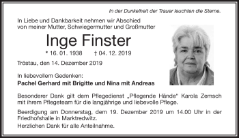 Traueranzeige von Inge Finster von Frankenpost
