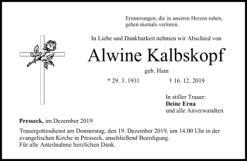 Traueranzeige von Alwine Kalbskopf von Frankenpost