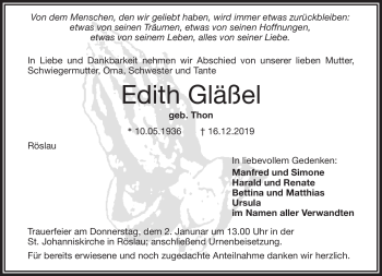 Traueranzeige von Edith Gläßel von Frankenpost