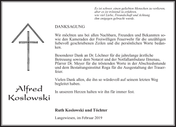 Traueranzeige von Alfred Koslowski von Südthüringer Presse