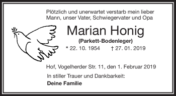 Traueranzeige von Marian Honig von Frankenpost