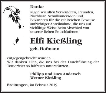 Traueranzeige von Elfi Kießling von Südthüringer Presse