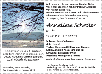 Traueranzeige von Anneliese Schröter von Südthüringer Presse