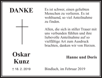 Traueranzeige von Oskar Kunz von Frankenpost