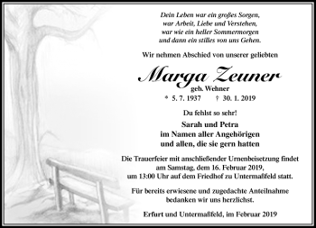 Traueranzeige von Marga Zeuner von Südthüringer Presse