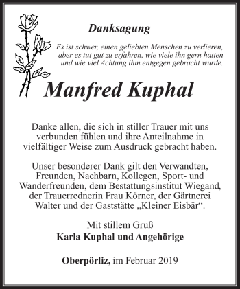 Traueranzeige von Manfred ´Kuphal von Südthüringer Presse