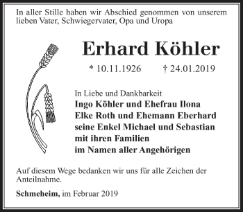 Traueranzeige von Erhard Köhler von Südthüringer Presse