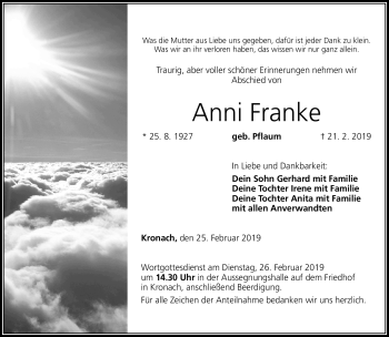 Traueranzeige von Anni Franke von Neue Presse Coburg