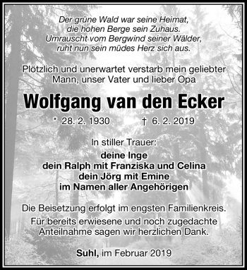 Traueranzeige von Wolfgang von den Ecker von Südthüringer Presse