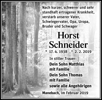 Traueranzeige von Horst Schneider von Südthüringer Presse