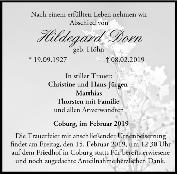 Traueranzeige von Hildegard Dorn von Neue Presse Coburg