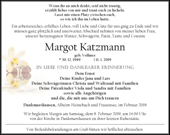Traueranzeige von Margot Katzmann von Südthüringer Presse