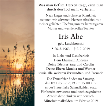 Traueranzeige von Iris Abe von Südthüringer Presse