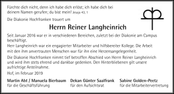 Traueranzeige von Reiner Langheinrich von Frankenpost