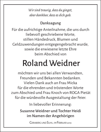 Traueranzeige von Roland Weidner von Südthüringer Presse