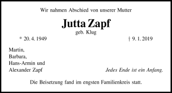 Traueranzeige von Jutta Zapf von Frankenpost