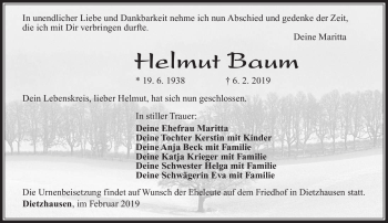 Traueranzeige von Helmut Baum von Südthüringer Presse