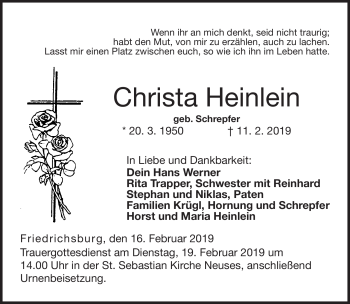 Traueranzeige von Christa Heinlein von Neue Presse Coburg