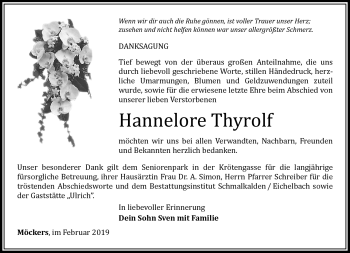Traueranzeige von Hannelore Thyrolf von Südthüringer Presse