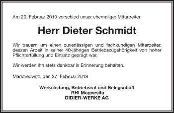 Traueranzeige von Dieter Schmidt von Frankenpost