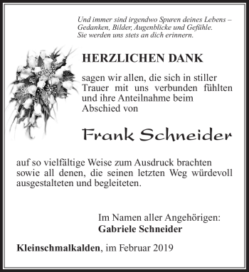 Traueranzeige von Frank Schneider von Südthüringer Presse