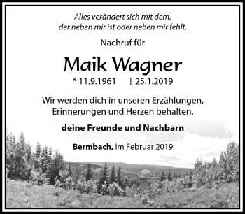Traueranzeige von Maik Wagner von Südthüringer Presse
