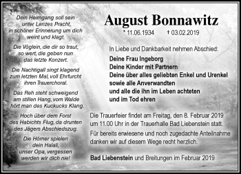 Traueranzeige von August Bonnawitz von Südthüringer Presse