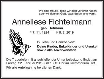 Traueranzeige von Anneliese Fichtelmann von Frankenpost