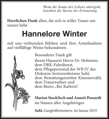 Traueranzeige von Hanna Lore Winter von Südthüringer Presse