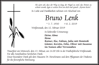 Traueranzeige von Bruno Lenk von Frankenpost