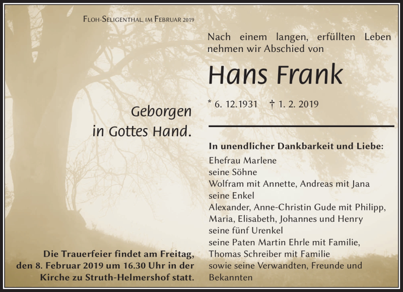  Traueranzeige für Hans Frank vom 06.02.2019 aus Südthüringer Presse