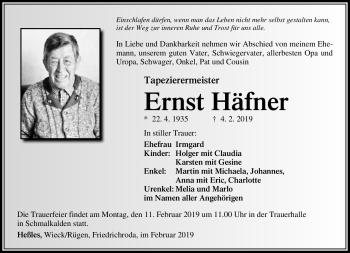 Traueranzeige von Ernst Häfner von Südthüringer Presse