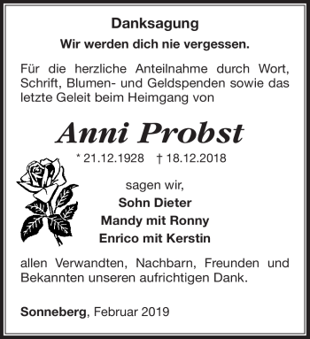 Traueranzeige von Anni Probst von Südthüringer Presse