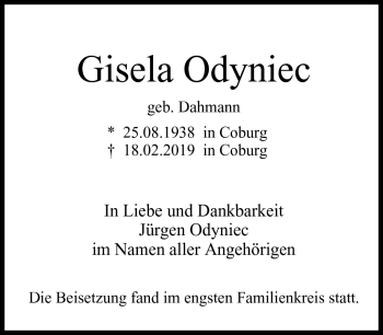 Traueranzeige von Gisela Odyniec von Neue Presse Coburg