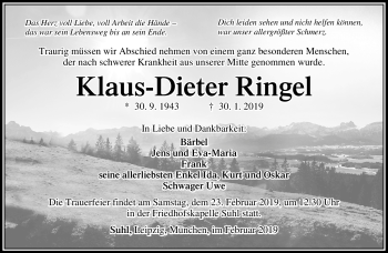 Traueranzeige von Klaus-Dieter Ringel von Südthüringer Presse
