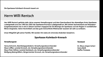 Traueranzeige von Willi Rentsch von Frankenpost