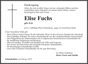 Traueranzeige von Elise Fuchs von Südthüringer Presse