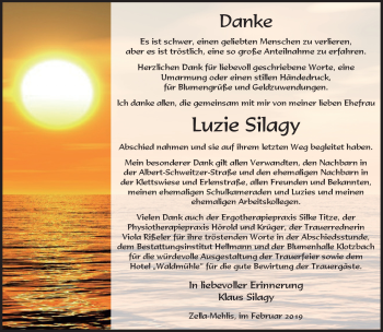 Traueranzeige von Luzie Silagy von Südthüringer Presse
