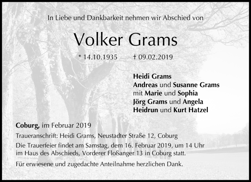  Traueranzeige für Volker Grams vom 13.02.2019 aus Neue Presse Coburg