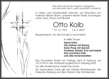Traueranzeige von Otto Kolb von Frankenpost