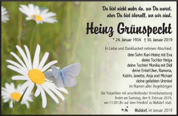 Traueranzeige von Heinz Grünspecht von Südthüringer Presse