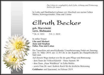 Traueranzeige von Ellruth Becker von Südthüringer Presse