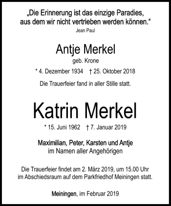 Traueranzeige von Katrin Merkel von Südthüringer Presse