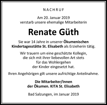 Traueranzeige von Renate Güth von Südthüringer Presse