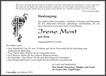 Traueranzeige von Irene Most von Südthüringer Presse