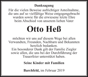 Traueranzeige von Otto Heß von Südthüringer Presse